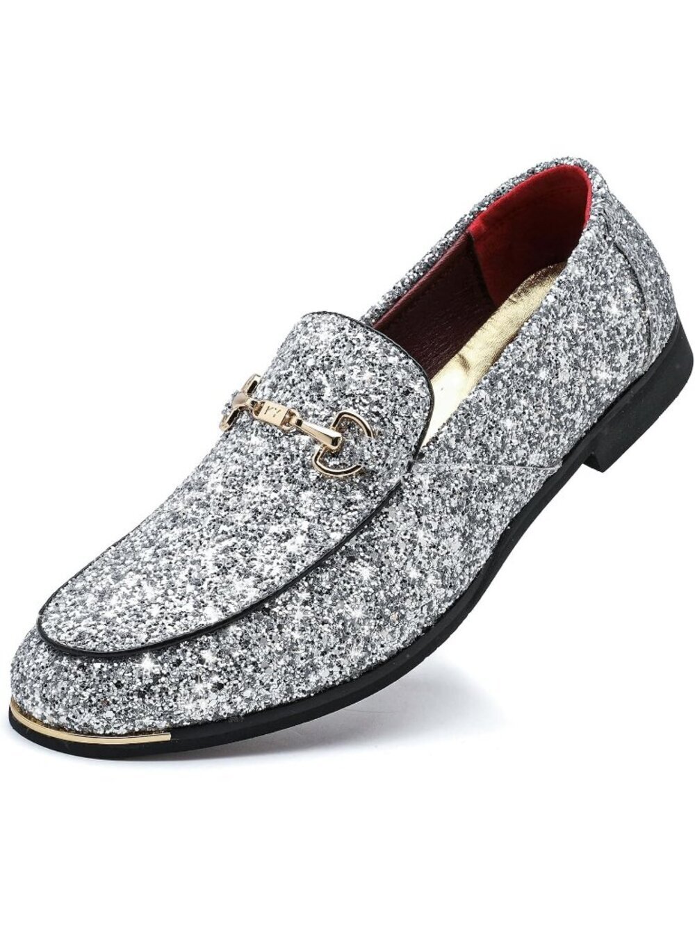 🆕Men Silver Rubber Velvet Leather Glitter With Gold Buckle Loafer Slip On Shoes